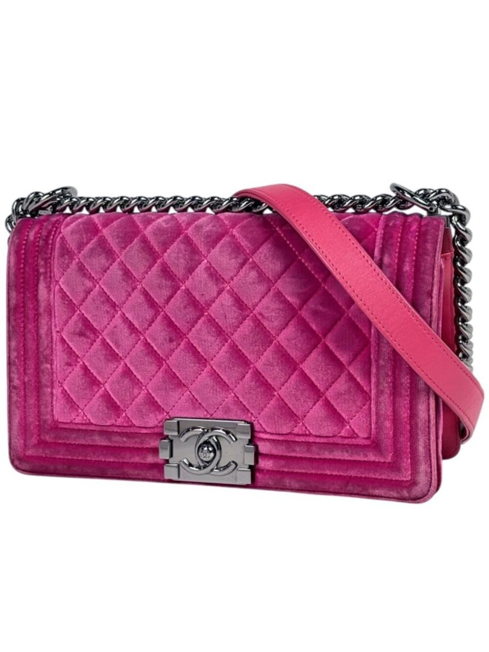 Chanel Shoulder Bag Boy CC Logo Velvet Pink